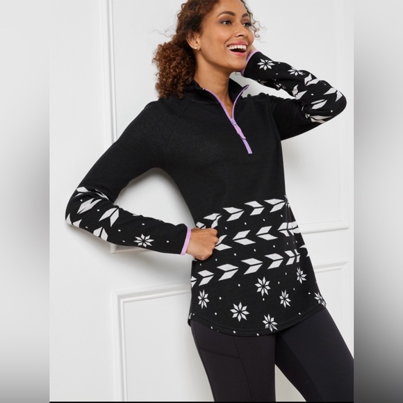 Talbots Sweaters - T By Talbots Geo Jacquard Raglan Half-zip Pullover Women 1X Black